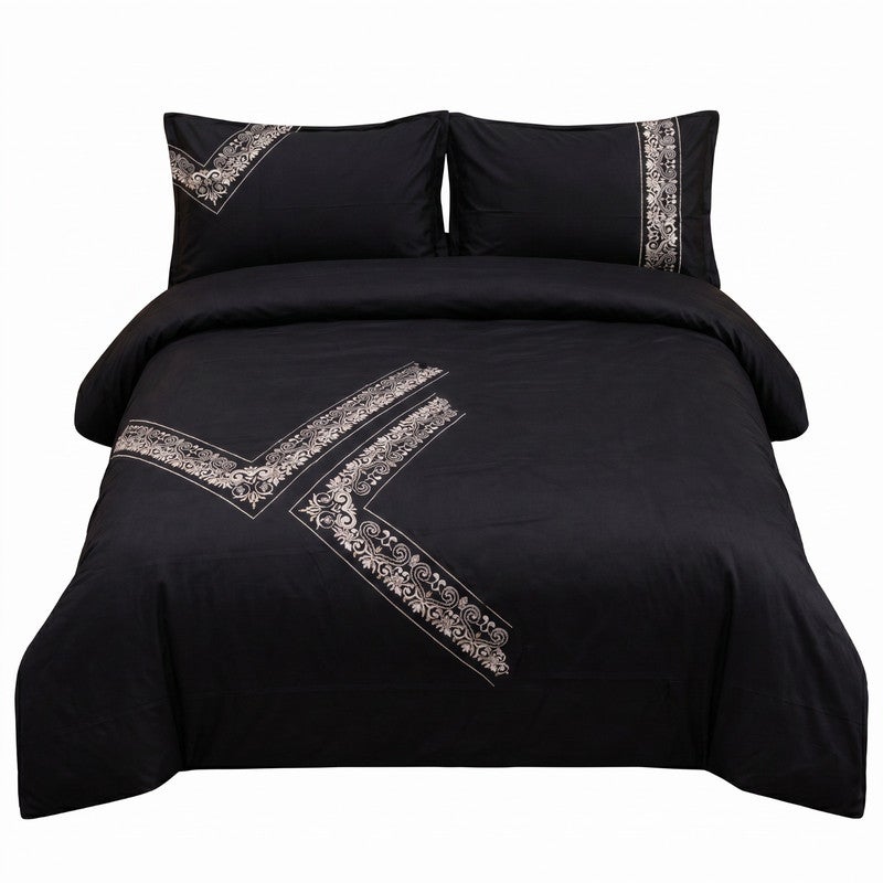 TM HOME Buds Embroidered Duvet Cover Set, 3 Pieces, 240 x 260 cm, 100% Natural Cotton, 500,000 Embroidery Stitches, 5-Star Hotel Quality, Black - Image 1