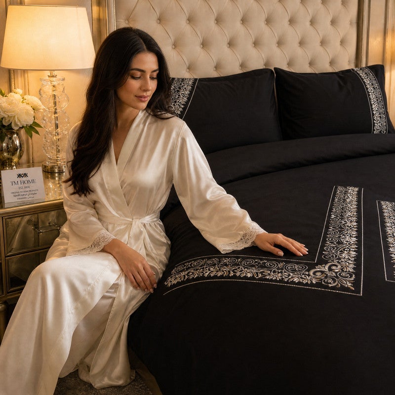 TM HOME Buds Embroidered Duvet Cover Set, 3 Pieces, 240 x 260 cm, 100% Natural Cotton, 500,000 Embroidery Stitches, 5-Star Hotel Quality, Black - Image 2