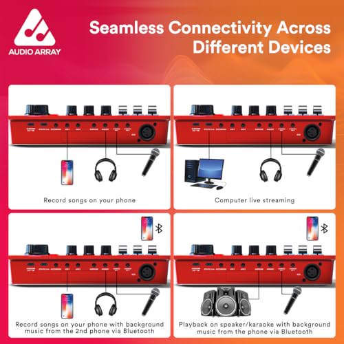 Audio Array AI-10 Professional Live Soundcard|1Ch Mixer |Bluetooth | 3 Condenser Mic Inputs, 2 mobilephones & PC/Mac Outputs | +48V phantom power, 4 Voice Modes, Denoise, built-in FX | Gaming, Karaoke - Image 5