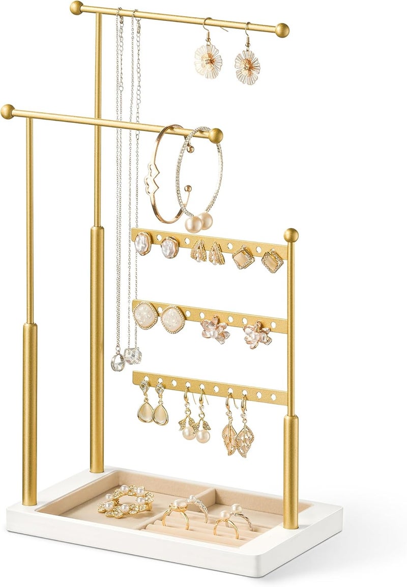 pickpiff Jewelry Organizer Holder Stand: 3 Tier Jewelry Storage Display for Necklace, Bracelet, Earring, Ring, White & Gold - Image 1