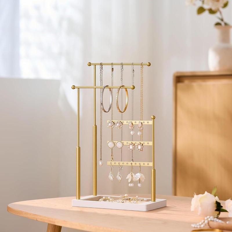 pickpiff Jewelry Organizer Holder Stand: 3 Tier Jewelry Storage Display for Necklace, Bracelet, Earring, Ring, White & Gold - Image 4