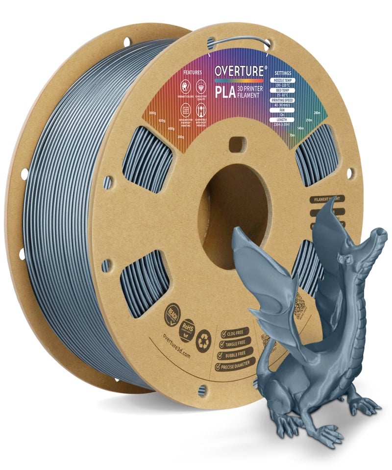 OVERTURE PLA Filament 1.75mm, Neatly Wound 3D Printer Filament 1kg Spool (2.2lbs), Dimensional Accuracy +/- 0.02 mm, Fit Most FDM 3D Printers (Metallic Gray) - Image 1