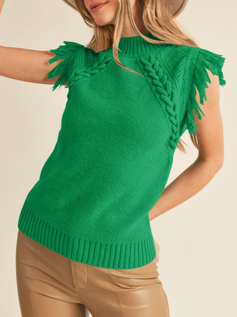 Saodimallsu Womens Mock Neck Sleeveless Fringe Sweater Boho Trendy Cable Knit Cap Sleeve Pullover Vest Tank Tops Green - Image 2
