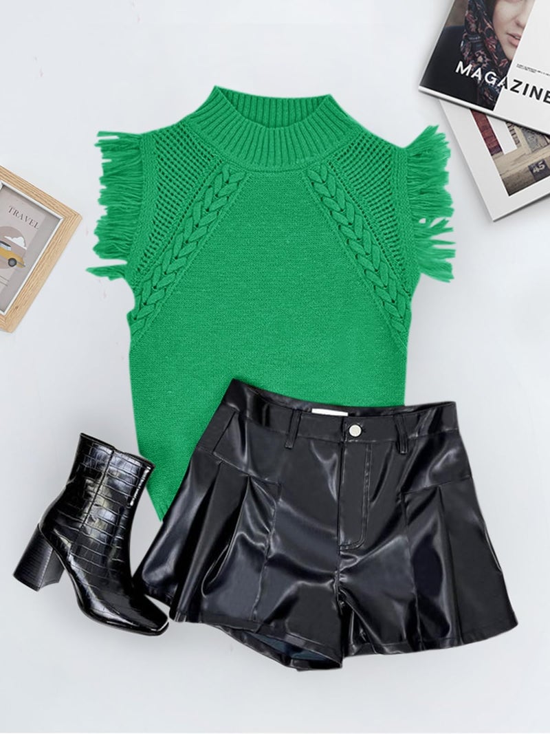 Saodimallsu Womens Mock Neck Sleeveless Fringe Sweater Boho Trendy Cable Knit Cap Sleeve Pullover Vest Tank Tops Green - Image 4