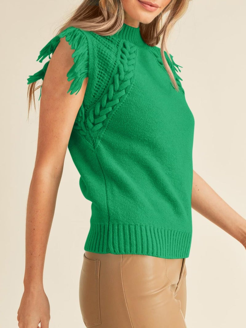 Saodimallsu Womens Mock Neck Sleeveless Fringe Sweater Boho Trendy Cable Knit Cap Sleeve Pullover Vest Tank Tops Green - Image 3