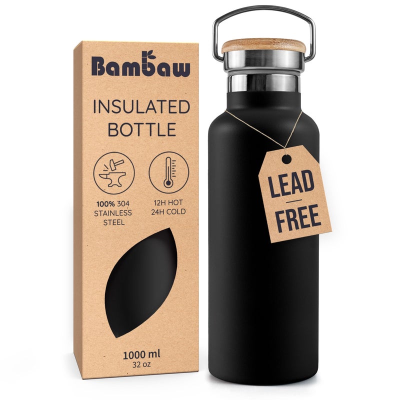 Bambaw Insulated Water Bottle 32 oz Black Water Bottle with Handle Stainless Steel Water Bottle Thermo Water Bottle Metal 1 Liter Water Bottle Large Water Bottle 32oz Jet Black