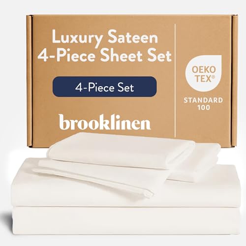 Brooklinen Luxury Sateen 4 Piece Sheet Set - 100% Cotton Bed Sheets, Soft & Durable King Size Sheets Set in Cream, Oeko-TEX Certified Bedding Set, 1 Fitted Sheet, 1 Flat Sheet, 2 Pillowcases - Image 1