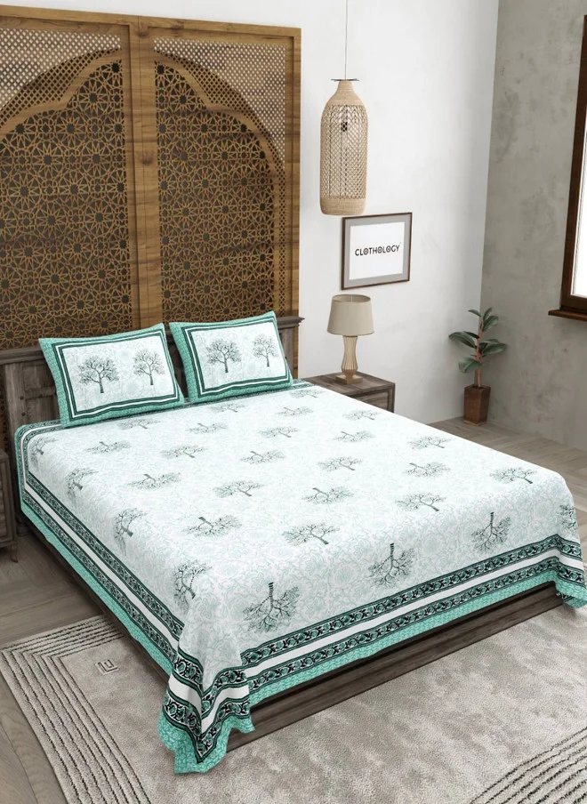 CLOTHOLOGY CLOTHOLOGY Sea Green & White Printed Pure Cotton 180 TC King Bedsheet Set