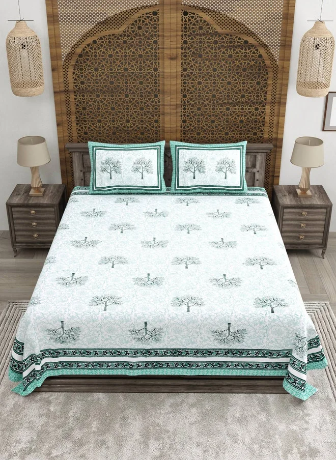 CLOTHOLOGY CLOTHOLOGY Sea Green & White Printed Pure Cotton 180 TC King Bedsheet Set