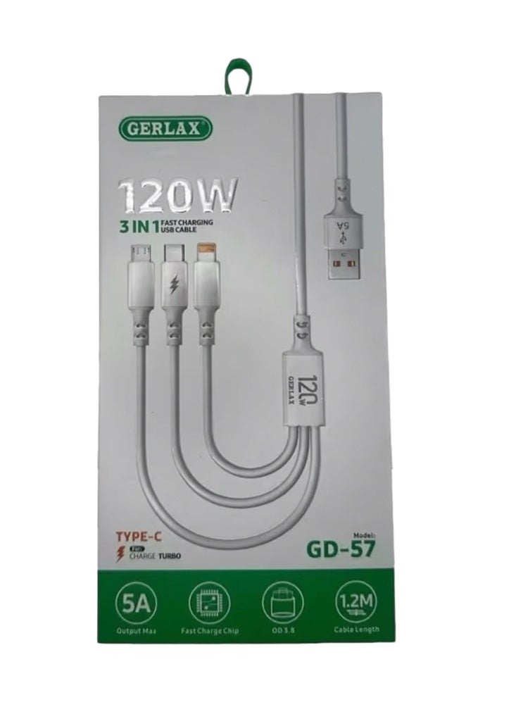 جيرلاكس كابل شحن سريع 3 في 1 USB، شريحة شحن سريع GD-57، 120 واط، أقصى خرج 5 أمبير، 1.2 متر مع 3 منافذ (Type-C، IOS/5G وMicro) لأجهزة Android وIphone والأجهزة اللوحية - أبيض 