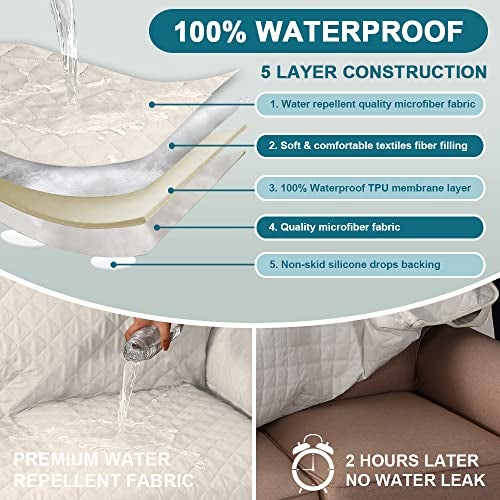 Turquoize 100% Waterproof Couch Cover Sofa Covers for 2 Cushion Couch Loveseat Covers Triple Non-Slip Couch Cover for Dogs Washable Furniture Protector Cover for Pets, Kids,Dog (Loveseat 54", Ivory) - Image 3