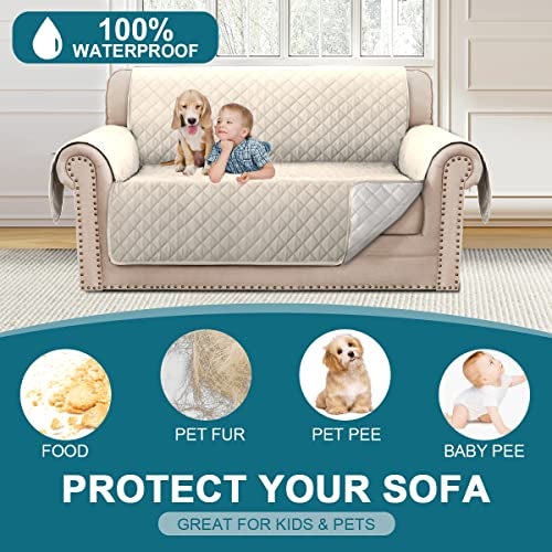 Turquoize 100% Waterproof Couch Cover Sofa Covers for 2 Cushion Couch Loveseat Covers Triple Non-Slip Couch Cover for Dogs Washable Furniture Protector Cover for Pets, Kids,Dog (Loveseat 54", Ivory) - Image 2