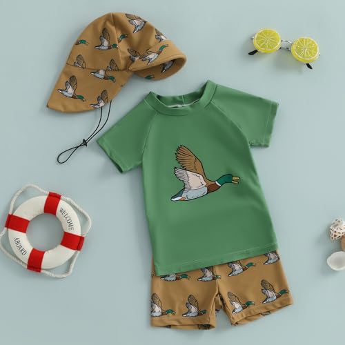 DuAnyozu Baby Boys Swimsuit Long Sleeve Rash Guard Swimwear Baby Boy Swim Trunk with Hat Set 3-Piece Toddler Bathing Suit (t-Green, 12-18 Months) - Image 3