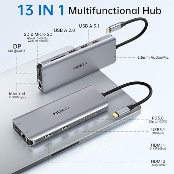 Mokin USB C LAPTOP DOCKING STATION, DUAL MONITOR HDMI 4K DP TRIPLE DISPLAY HUB 10G, 13 IN 1 USB C HUB WITH 3 MONITORS, DISPLAYPORT, USB3.1, RJ45, 100W PD READER - Image 2