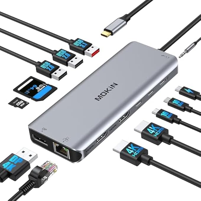 Mokin USB C LAPTOP DOCKING STATION, DUAL MONITOR HDMI 4K DP TRIPLE DISPLAY HUB 10G, 13 IN 1 USB C HUB WITH 3 MONITORS, DISPLAYPORT, USB3.1, RJ45, 100W PD READER - Image 1