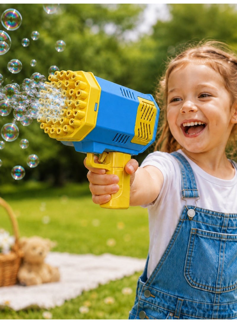 Blue and yellow automatic bubble gun that produces lots of bubbles, perfect for kids’ outdoor play. - Image 1