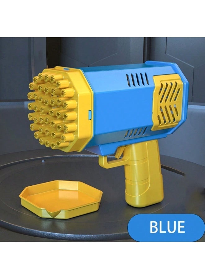 Blue and yellow automatic bubble gun that produces lots of bubbles, perfect for kids’ outdoor play. - Image 2
