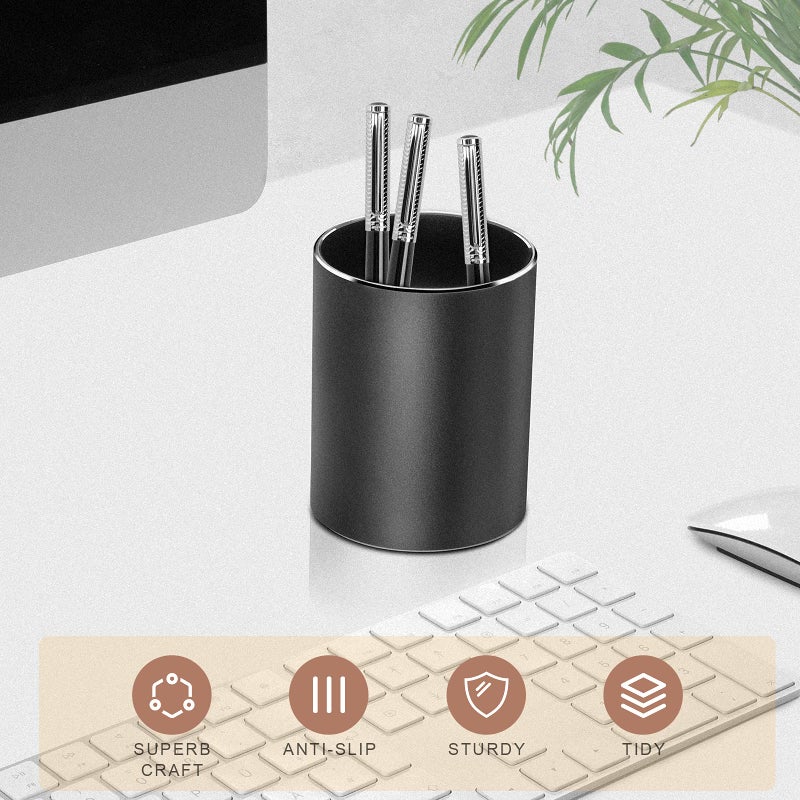 Vaydeer Metal Pen Holder Aluminum Pencil Holder for desk, Round Desktop Organizer and Black Pencil Cup for Office, School, Home and Stationary Supplies (3.15 x 3.15 x 3.94 Inches) - Image 3