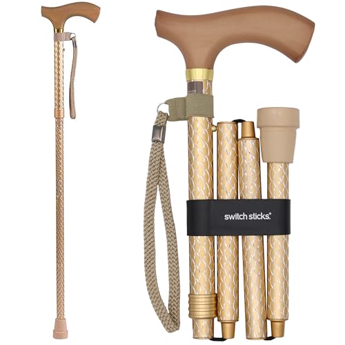 Switch Sticks Folding Walking Cane For Women & Men - Adjustable 32-37 In, Lightweight With Ergonomic Wood Handle, Slip-Resistant Rubber Tip Supports 264 Lbs - Canes For Women For Stability (FSA/HSA) - Image 1