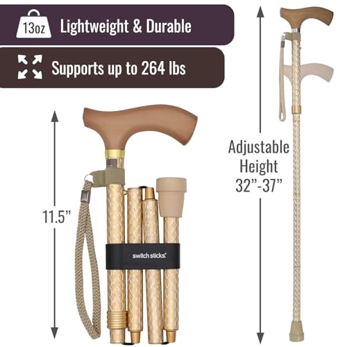 Switch Sticks Folding Walking Cane For Women & Men - Adjustable 32-37 In, Lightweight With Ergonomic Wood Handle, Slip-Resistant Rubber Tip Supports 264 Lbs - Canes For Women For Stability (FSA/HSA) - Image 4
