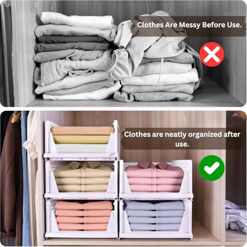 Aliensware 4Pcs Large Size Clothes Storage Rack, Cloth Organizer for Cupboard, Wardrobe, Stackable & Foldable Basket Closet Organiser Drawer for Almirah, Living Room,Kitchen, Office-Aliens-White - Image 5
