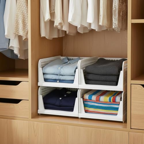 Aliensware 4Pcs Large Size Clothes Storage Rack, Cloth Organizer for Cupboard, Wardrobe, Stackable & Foldable Basket Closet Organiser Drawer for Almirah, Living Room,Kitchen, Office-Aliens-White - Image 1