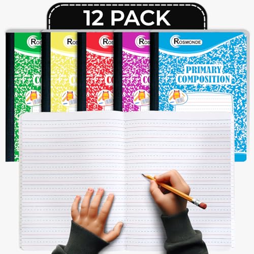 Rosmonde 12 Pack Primary Composition Notebooks, 200 Pages (100 Sheets), Primary Ruled Composition Notebook, 9-3/4" x 7-1/2", Grades K-2, Writing Dotted Lined, Assorted, Colors May Repeat - Image 1
