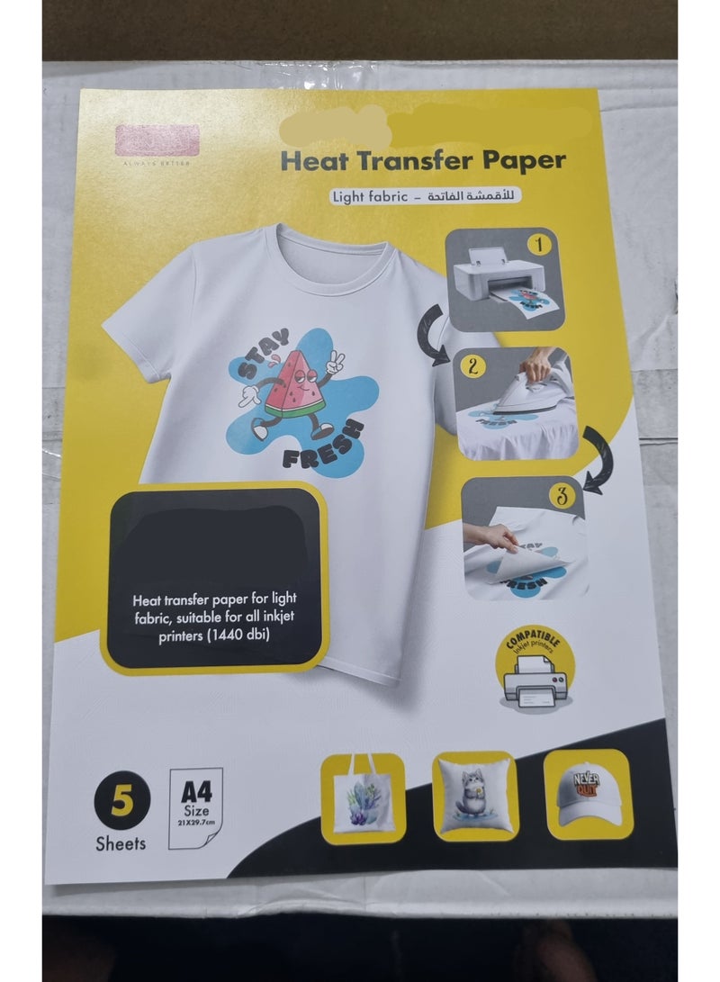 ورق نقل حراري 5 قطع لطباعة الأقمشة ذات الألوان الفاتحة