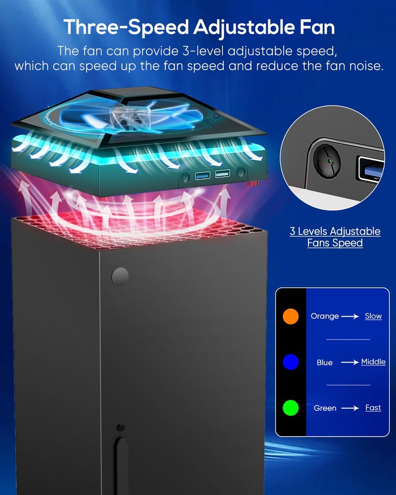 FYOUNG Efficient Cooling Fan for Xbox Series X with Dust Cover Filter, Colorful RGB Light Accessories with Low Noise 3 Levels Cooler Fan System, Extra 2 USB Port for Xbox Series X Console - Image 2