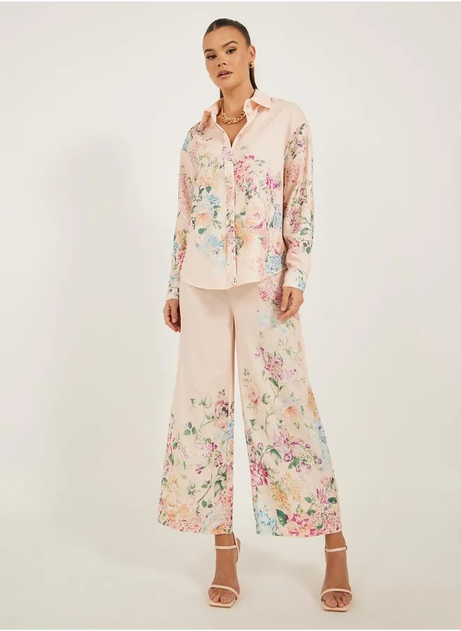 Styli Styli Floral Printed Wide Leg Pants with Drawstring Closure
