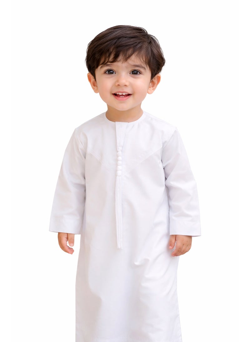 Emirati Kids Kandura – Traditional White Thobe for Boys | Soft & Elegant (9 Months -3 Years) - Image 1