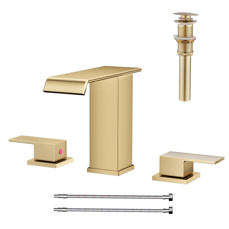 AVSIILE Waterfall Bathroom Faucet 3 Hole, Brushed Gold 8 Inch Widespread Modern 3 Piece Bathroom Sink Faucets & Parts, Touch On Lavatory Faucet for Bathroom Vanity - Image 1