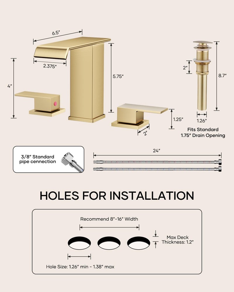 AVSIILE Waterfall Bathroom Faucet 3 Hole, Brushed Gold 8 Inch Widespread Modern 3 Piece Bathroom Sink Faucets & Parts, Touch On Lavatory Faucet for Bathroom Vanity - Image 2