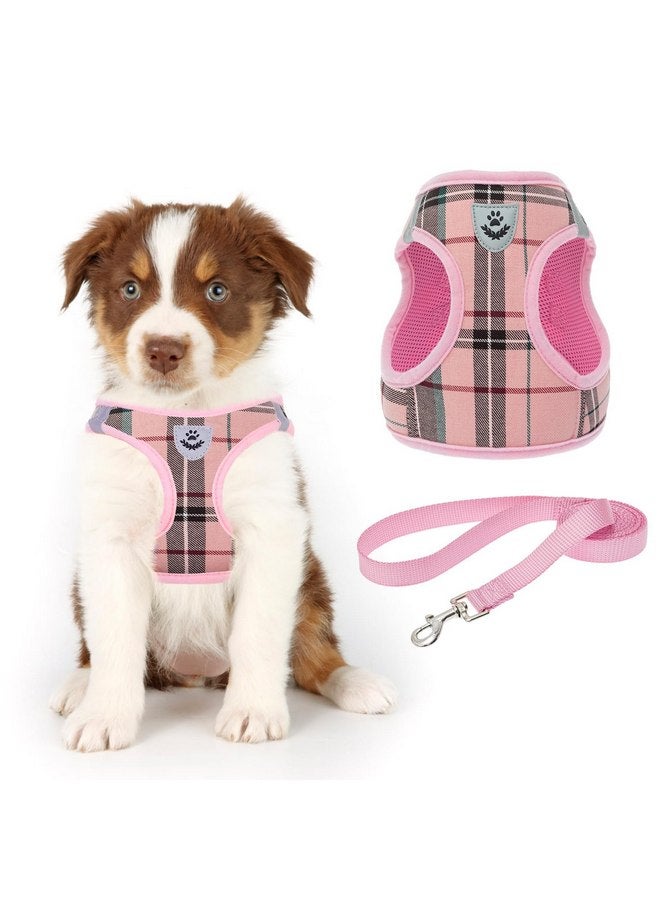 KOOLTAIL Small Dog Harness and Lead Set, Soft Mesh Plaid Puppy Harness with Safety Buckle, Adjustable & Comfortable Padded Reflective Vest for Puppies and Small Breeds Dogs Walking,Pink,X-Small