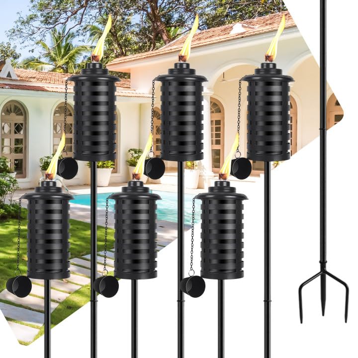 ZSZMFH 6 قطع مشاعل معدنية للخارج 16 أونصة مشاعل معدنية خارجية لتزيين الحدائق 59 بوصة مشاعل سيترونلا المحسنة مع دعامات أرضية ثلاثية للأحزاب والباحات والممرات