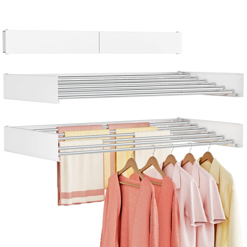 Vasunray Wall Mounted Clothes Drying Rack Folding Indoor, Foldable Laundry Drying Rack Collapsible,Invisible, Space Saving, Retractable Towel Drying Rack, with Wall Template(6 Drying Rods, White 40") - Image 1