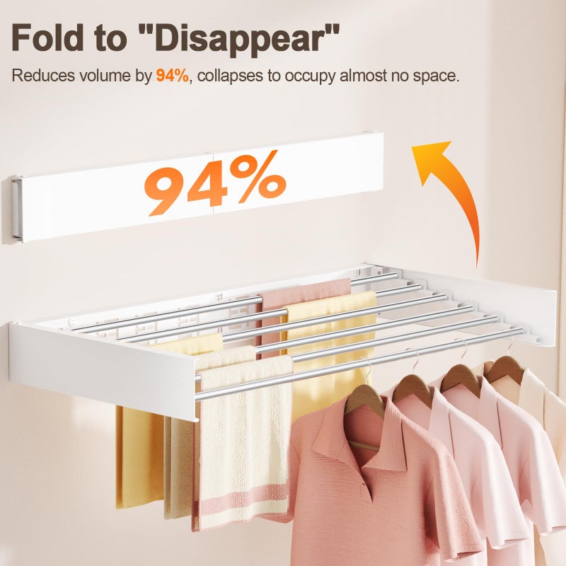Vasunray Wall Mounted Clothes Drying Rack Folding Indoor, Foldable Laundry Drying Rack Collapsible,Invisible, Space Saving, Retractable Towel Drying Rack, with Wall Template(6 Drying Rods, White 40") - Image 4