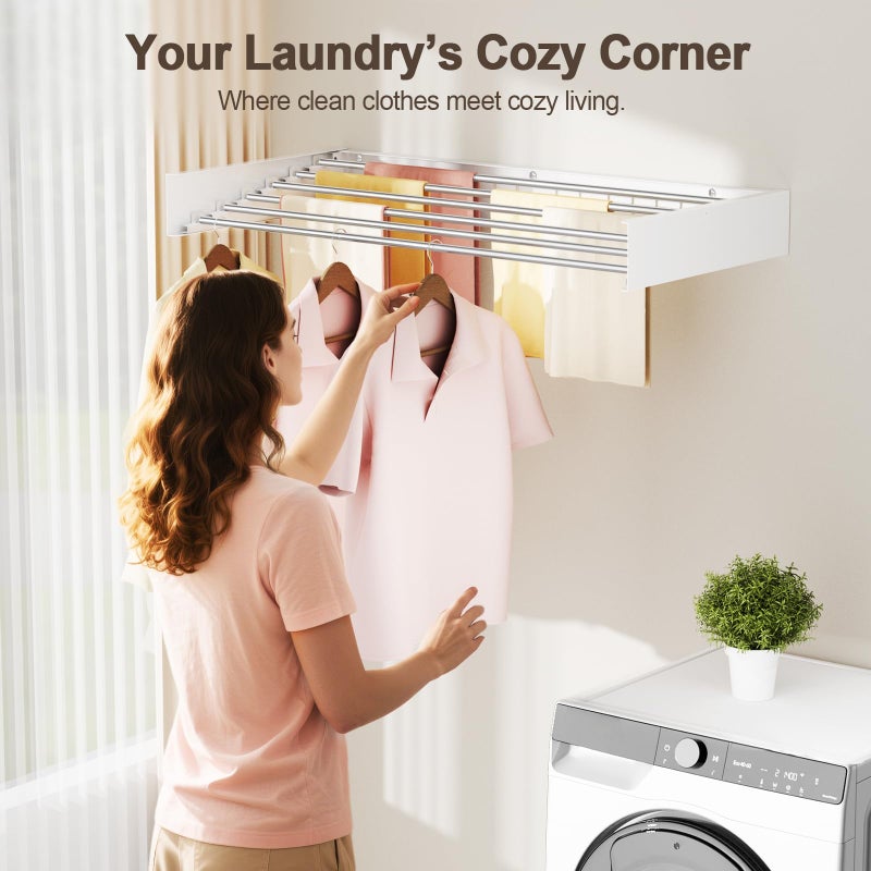 Vasunray Wall Mounted Clothes Drying Rack Folding Indoor, Foldable Laundry Drying Rack Collapsible,Invisible, Space Saving, Retractable Towel Drying Rack, with Wall Template(6 Drying Rods, White 40") - Image 2