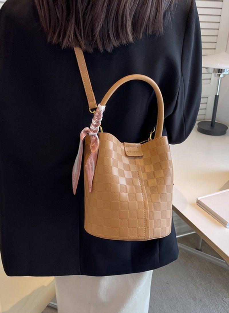 Moovant Women's Elegant Plaid Bucket Bag Bow Shoulder Bag Texture Crossbody Bag Portable Solid Color Handbag Khaki  - Image 3