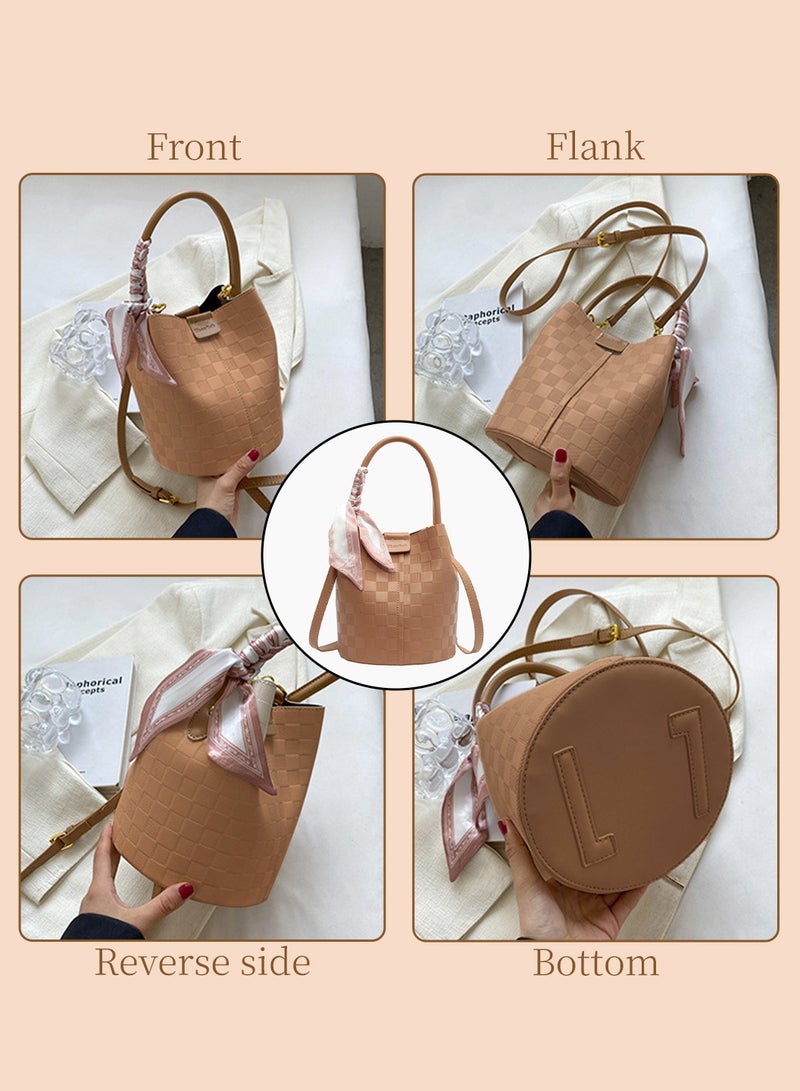 Moovant Women's Elegant Plaid Bucket Bag Bow Shoulder Bag Texture Crossbody Bag Portable Solid Color Handbag Khaki  - Image 5