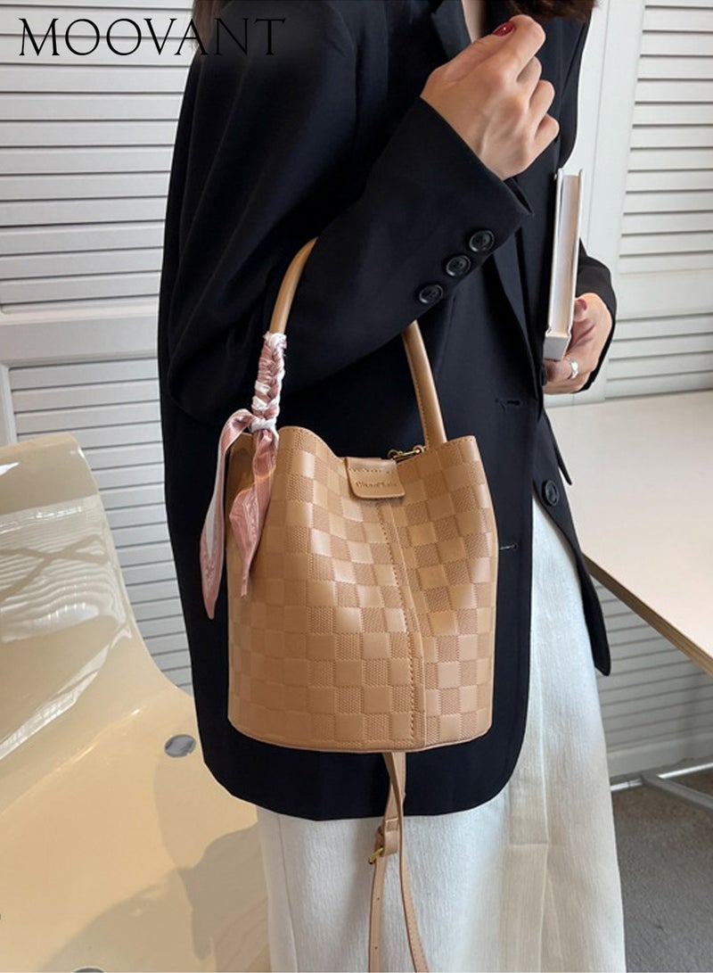 Moovant Women's Elegant Plaid Bucket Bag Bow Shoulder Bag Texture Crossbody Bag Portable Solid Color Handbag Khaki  - Image 1