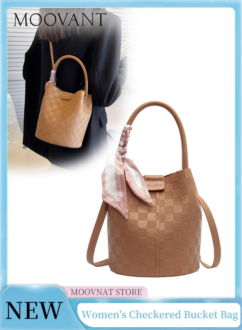 Moovant Women's Elegant Plaid Bucket Bag Bow Shoulder Bag Texture Crossbody Bag Portable Solid Color Handbag Khaki  - Image 2