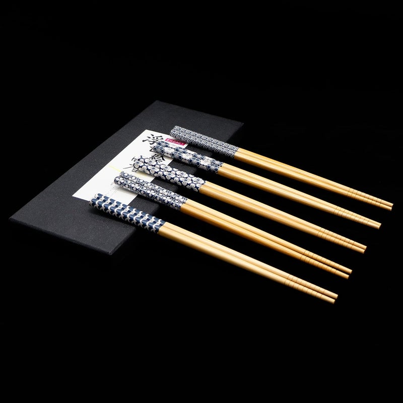 Exzact Chopsticks Gift Set - 5 Pairs of Reusable Natural Bamboo Chopsticks in a Beautiful Black Handmade Box - Decorated Japanese Ancient Blue Ornamentation (Blue and White) - Image 3