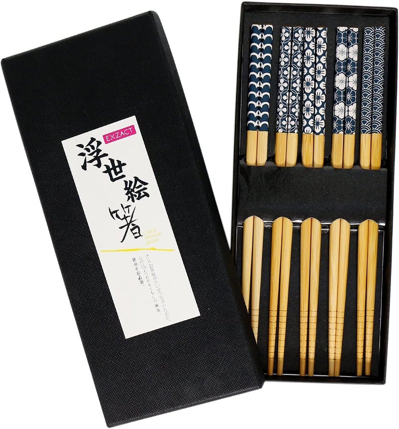 Exzact Chopsticks Gift Set - 5 Pairs of Reusable Natural Bamboo Chopsticks in a Beautiful Black Handmade Box - Decorated Japanese Ancient Blue Ornamentation (Blue and White) - Image 1