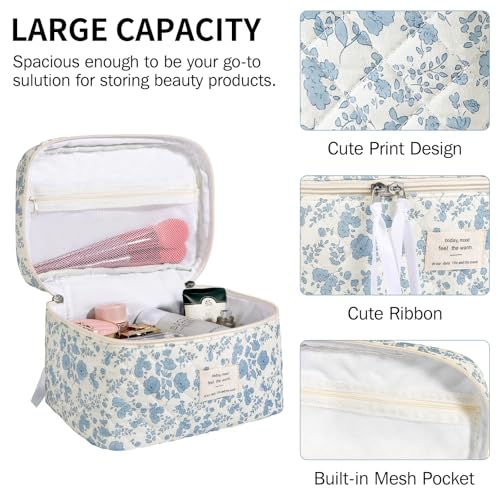senbowe Large Quilted Makeup Bag, Cotton Floral Cosmetic Bag for Women, Cute Coquette Aesthetic Makeup Bag Toiletry Bag, Travel Make Up Organizer Bag with Zipper and Ribbon - Image 4