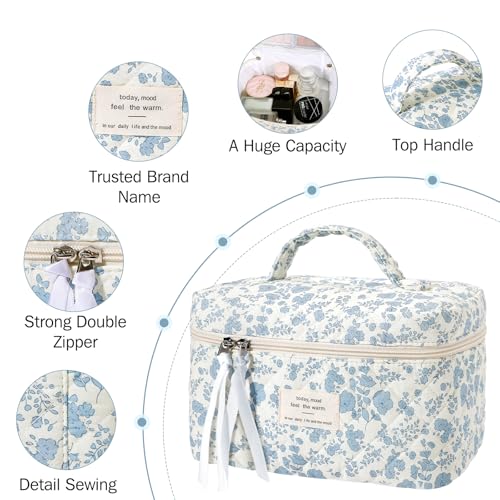 senbowe Large Quilted Makeup Bag, Cotton Floral Cosmetic Bag for Women, Cute Coquette Aesthetic Makeup Bag Toiletry Bag, Travel Make Up Organizer Bag with Zipper and Ribbon - Image 3