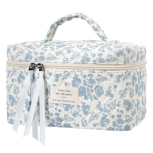senbowe Large Quilted Makeup Bag, Cotton Floral Cosmetic Bag for Women, Cute Coquette Aesthetic Makeup Bag Toiletry Bag, Travel Make Up Organizer Bag with Zipper and Ribbon - Image 1