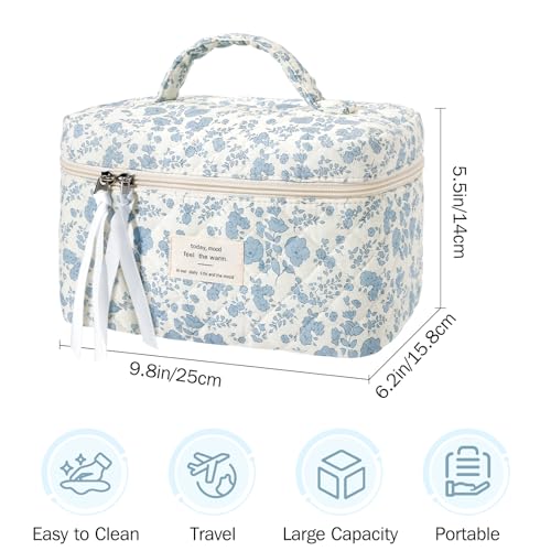 senbowe Large Quilted Makeup Bag, Cotton Floral Cosmetic Bag for Women, Cute Coquette Aesthetic Makeup Bag Toiletry Bag, Travel Make Up Organizer Bag with Zipper and Ribbon - Image 2