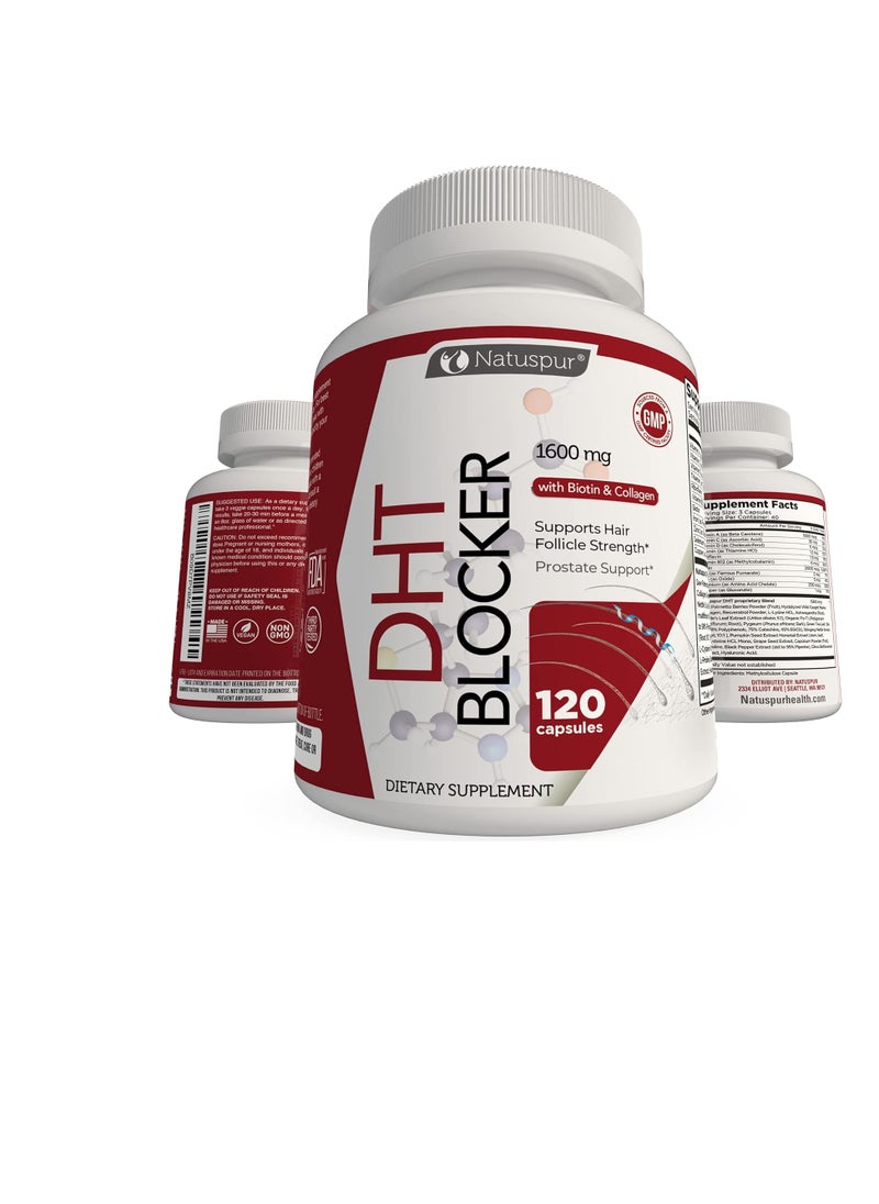Natuspur DHT Blocker with Immune Support - Hair Loss Supplements, High Potency Saw Palmetto, Green Tea & Probiotics, Gluten-Free, Vegetarian - 120-count Bottle  - Image 1