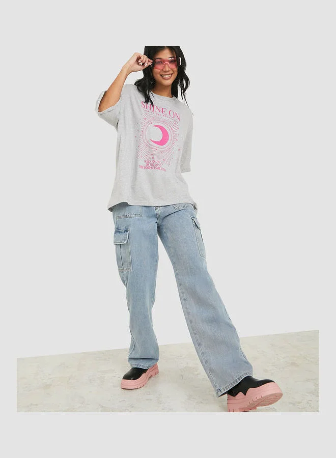 Styli Raglan Sleeves Shine On Graphic Print Oversized T-shirt